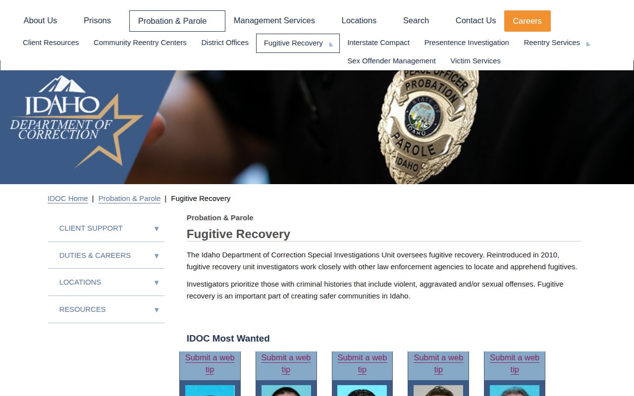 Owyhee County post-release supervision fugitive recovery page